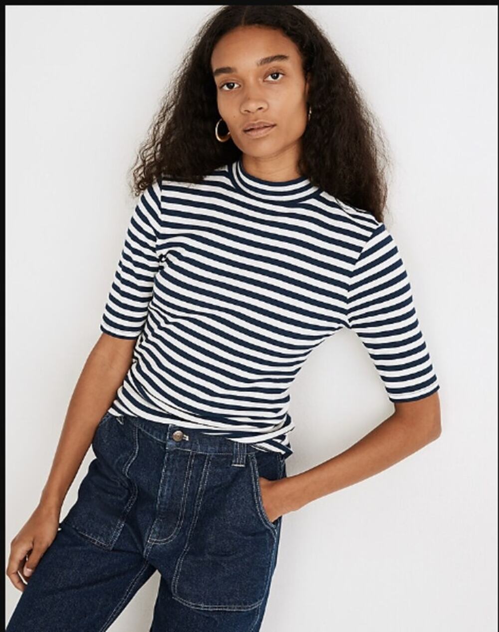 Madewell Drapey-Rib Mockneck Top Short Sleeve Stripe Blue Cotton Blend Large